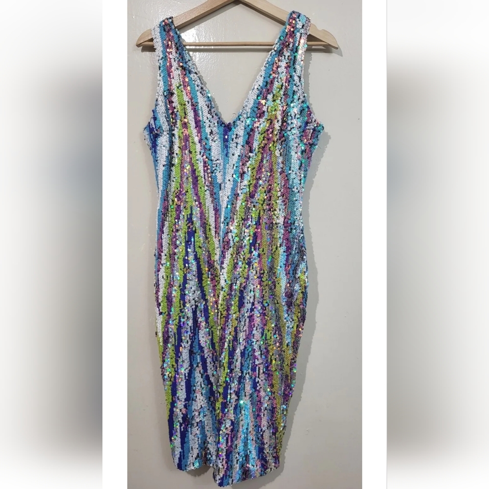 Angel Brinks Rainbow Sequin Party Cocktail Clubwear Midi Dress Size Large